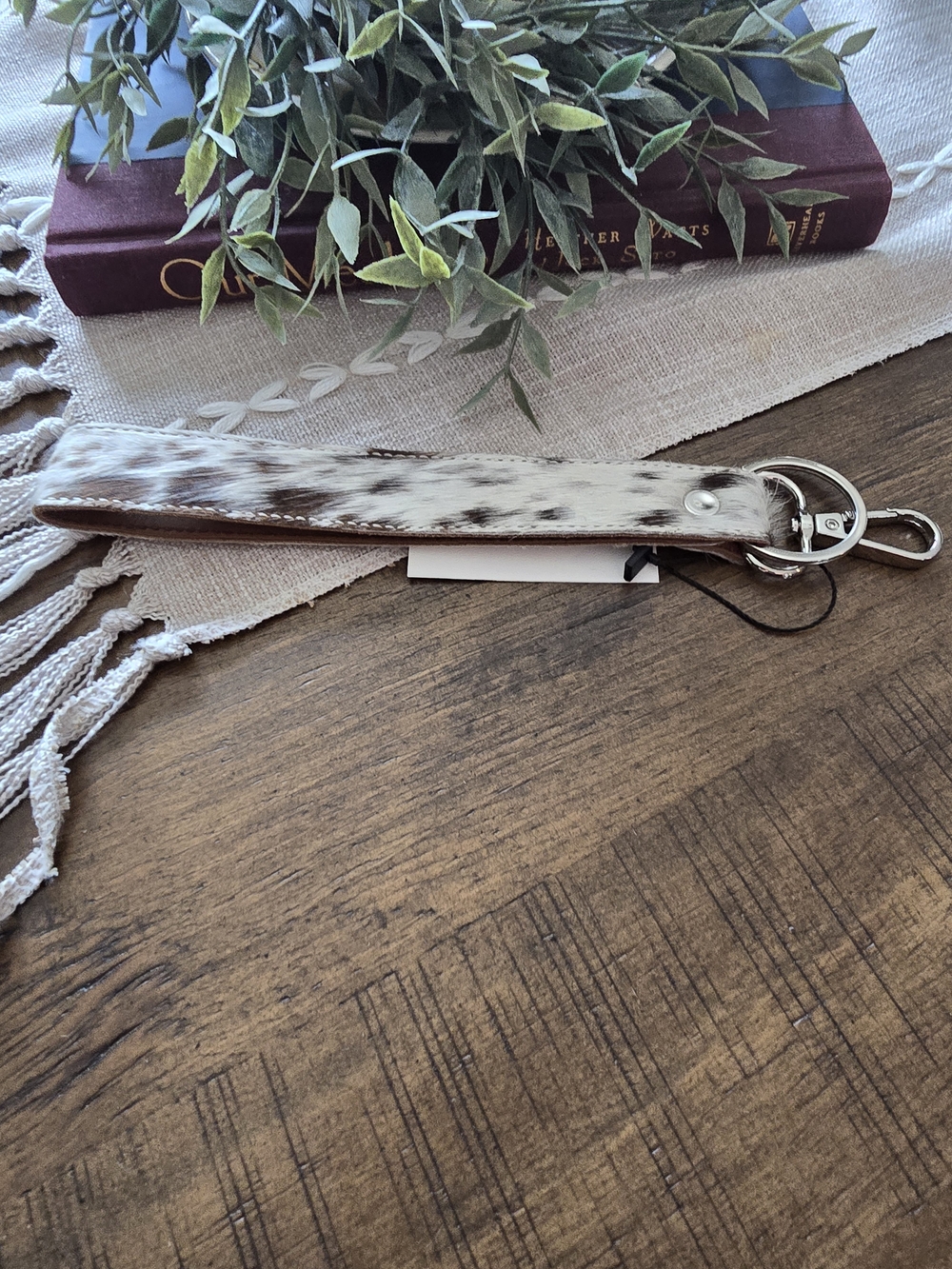Genuine Leather and Real Cowhide   Wristlet Key Fob in White and Brown